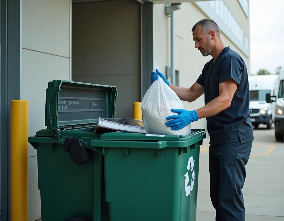 Technicien hospitalier déposant des films radiographiques dans un conteneur de recyclage industriel à l'extérieur d'un hôpital