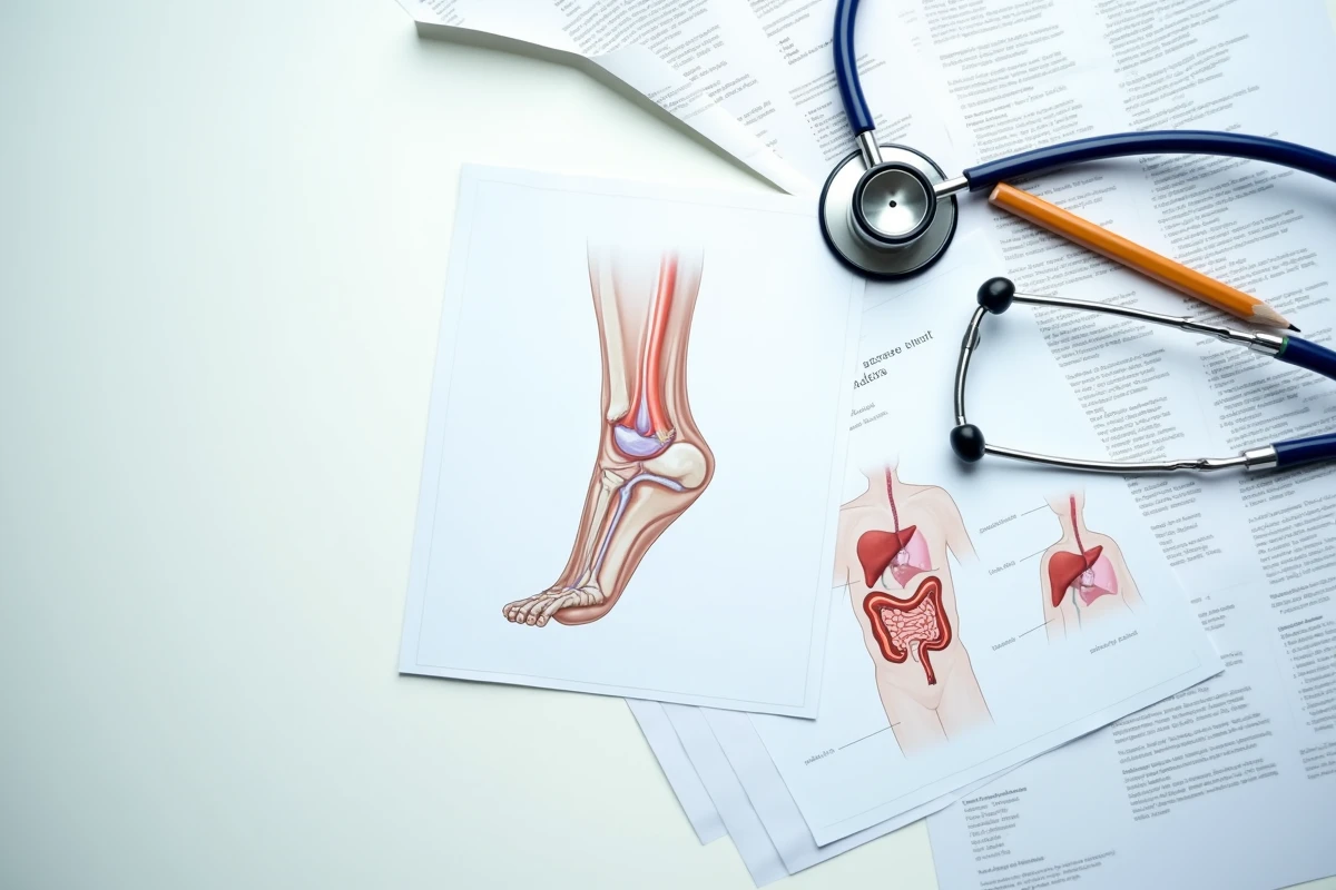 Vue aérienne de documents médicaux sur l'épine calcanéenne et les liens avec le foie et les intestins