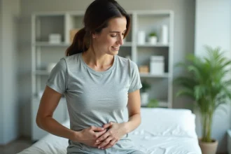 Femme tenant son aisselle gauche avec une expression préoccupée lors d'une consultation médicale