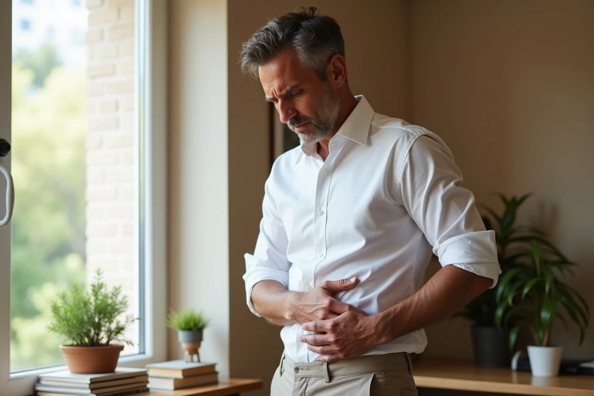 Homme en chemise blanche se tenant l'aisselle gauche avec une expression de gêne dans un bureau à domicile