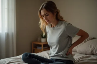 Femme tenant son bas du dos côté droit assise sur un lit, expression de douleur discrète