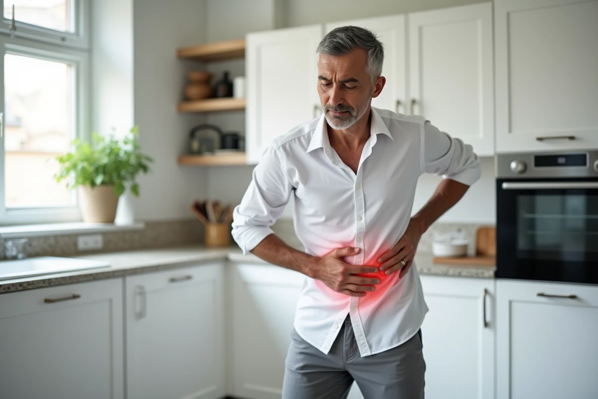 Homme debout dans une cuisine tenant son bas du dos droit avec une expression de gêne