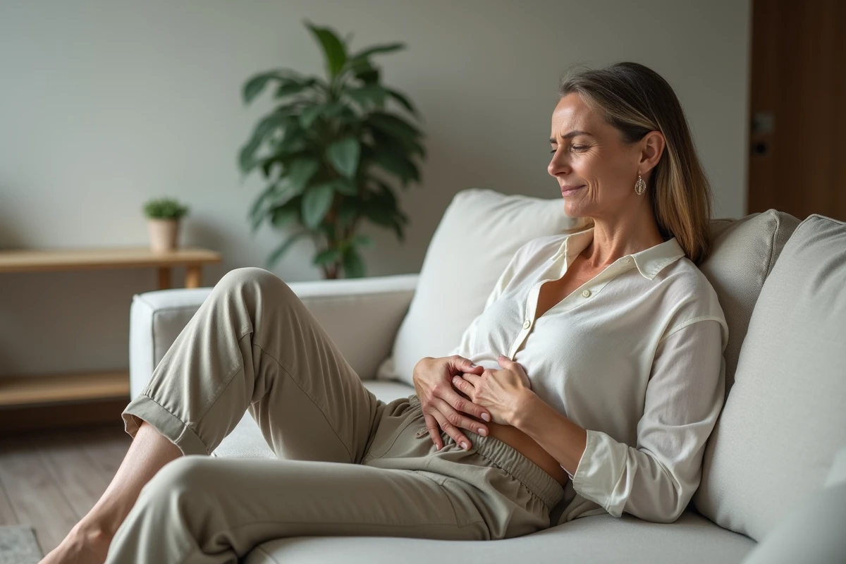 Femme allongée sur un canapé tenant son bas du dos et son ventre en position de douleur
