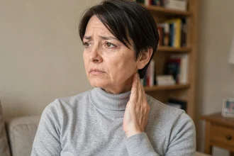 Femme touchant un ganglion douloureux sur le côté gauche du cou, assise dans un salon