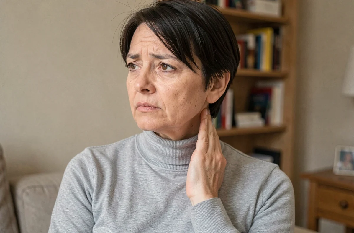 Femme touchant un ganglion douloureux sur le côté gauche du cou, assise dans un salon