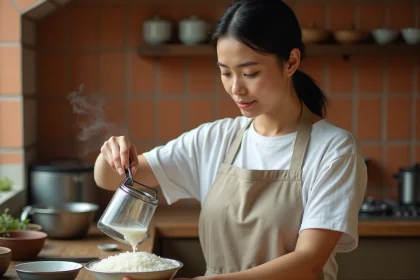 Femme versant de l'eau de cuisson du riz dans un verre dans une cuisine rustique