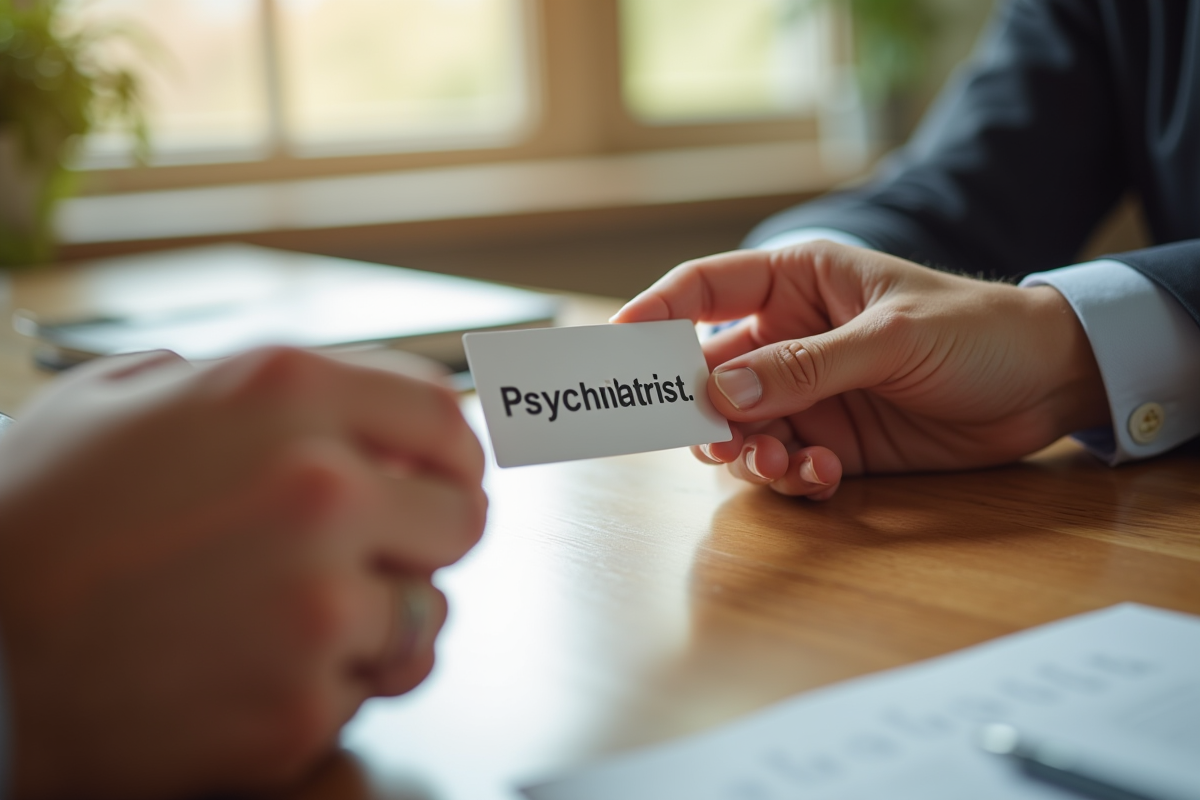 Main échangeant une carte de referral psychiatrique sur un bureau