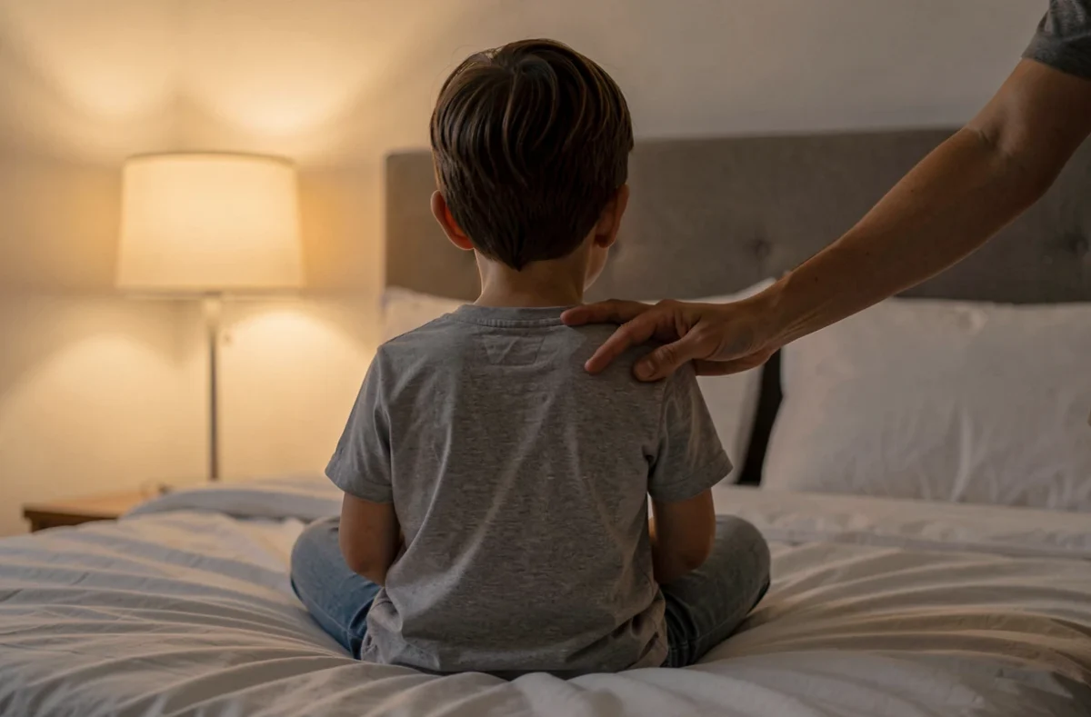 Enfant assis dans son lit la nuit, la main d'un parent sur l'épaule