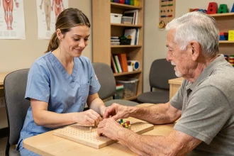Ergothérapeute accompagnant un patient âgé lors d'un exercice de motricité fine en cabinet de rééducation