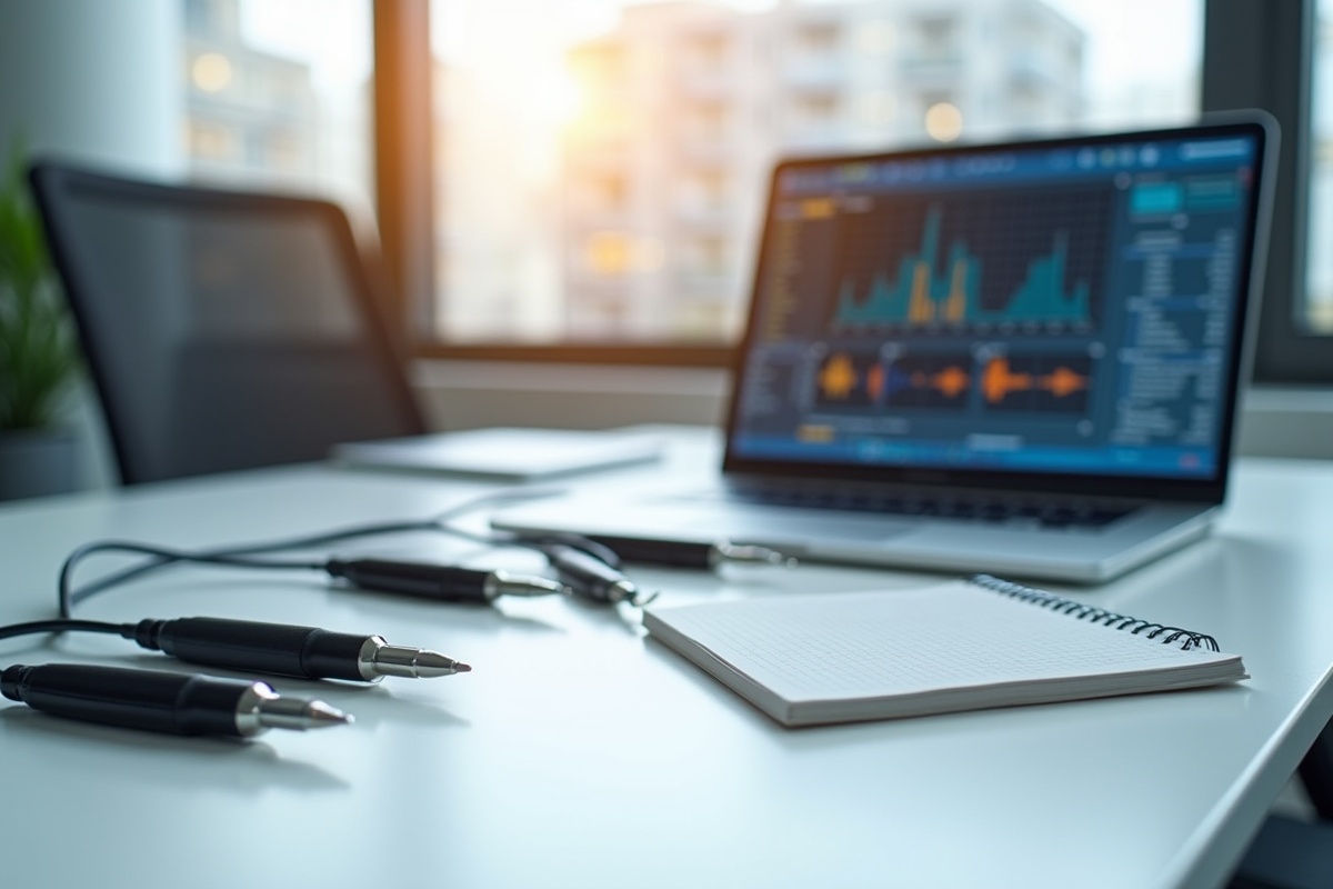 Espace de travail lumineux avec sondes de mesure et ordinateur