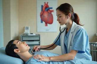 Étudiante en médecine auscultant un mannequin clinique avec un stéthoscope dans une salle de simulation médicale