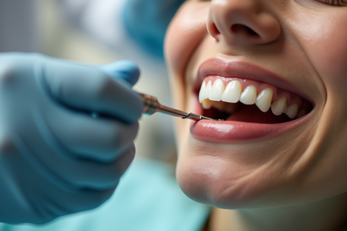 Dentiste examinant des dents saines avec un outil dans une clinique chaleureuse