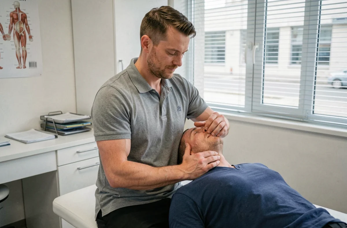 Fabien Claudel, ostéopathe à Kingersheim, réalisant une technique thoracique sur un patient assis