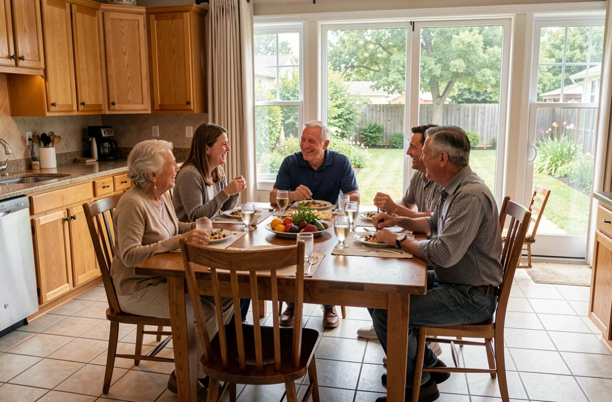 Famille américaine multigénérationnelle réunie autour d'une grande table lors d'un repas convivial