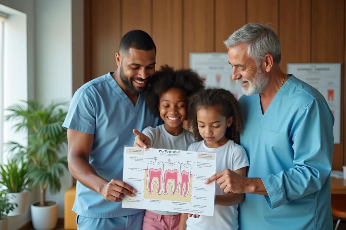 Famille examinant un diagramme dentaire dans la salle d
