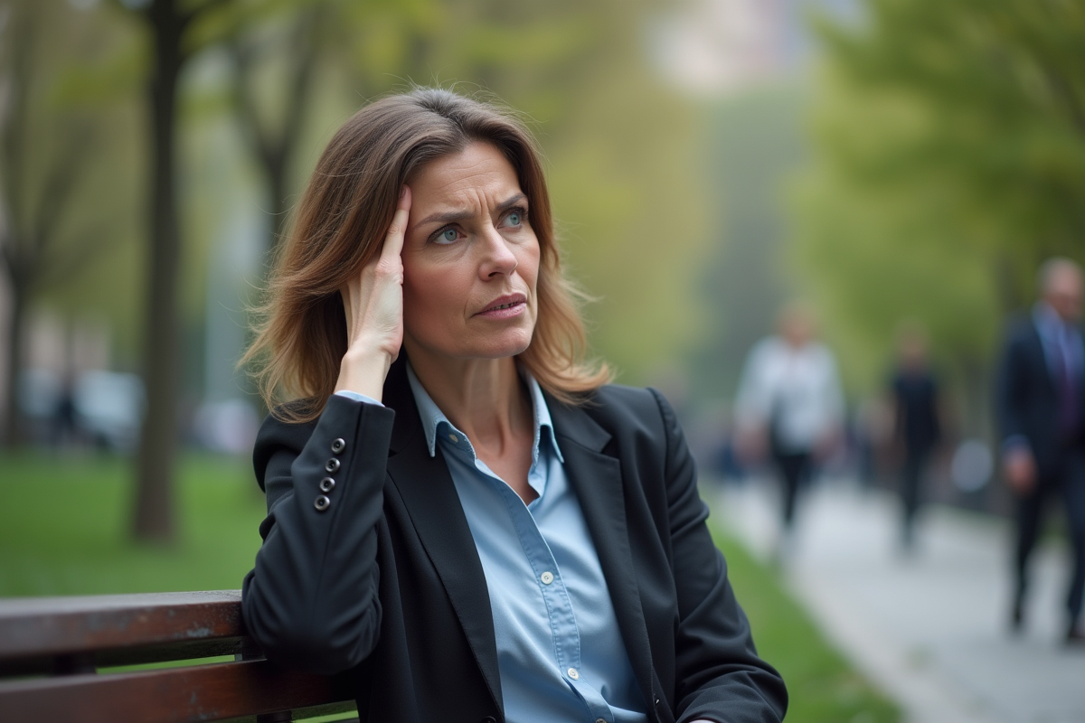 Femme d'affaires préoccupée assise dans un parc urbain