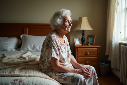 Femme âgée assise paisiblement dans sa chambre lumineuse