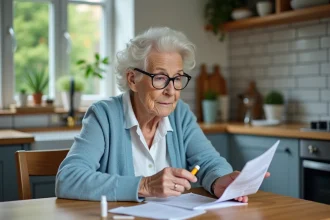 Femme agee consulte un livret de medicament dans la cuisine