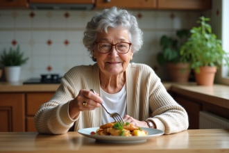 Femme âgée souriante dégustant un poulet avec légumes