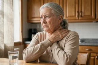 Femme âgée touchant son cou douloureux, signe précoce de zona après 65 ans