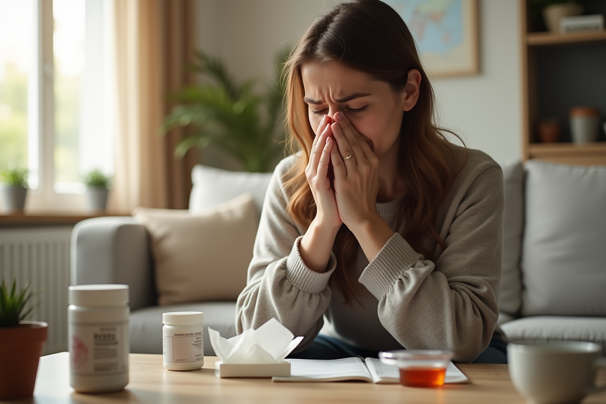 Femme inquiète tenant une ordonnance dans un salon ensoleille