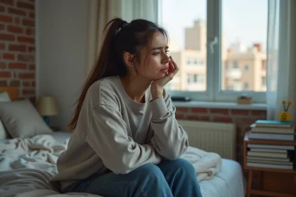 Jeune femme anxieuse assise sur son lit