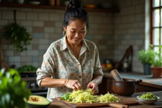 Femme asiatique coupe la papaye dans une cuisine chaleureuse