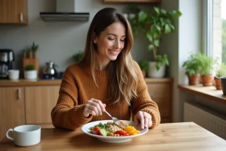 Femme préparant une assiette équilibrée de légumes dans une cuisine chaleureuse