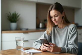 Femme consultant l'application Better Me sur smartphone avec expression dubitative dans une cuisine moderne