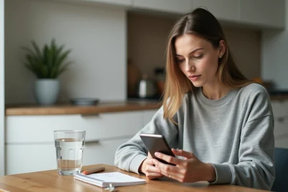 Femme consultant l'application Better Me sur smartphone avec expression dubitative dans une cuisine moderne