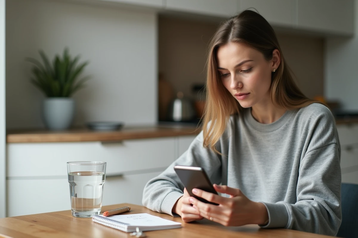 Femme consultant l'application Better Me sur smartphone avec expression dubitative dans une cuisine moderne