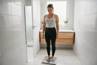 Femme mesurant sa perte de poids sur une balance numérique dans une salle de bain moderne, illustrant un suivi de régime minceur durable