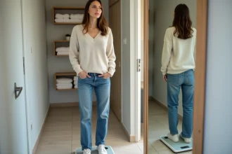 Femme se pesant chez elle avec un regard réfléchi