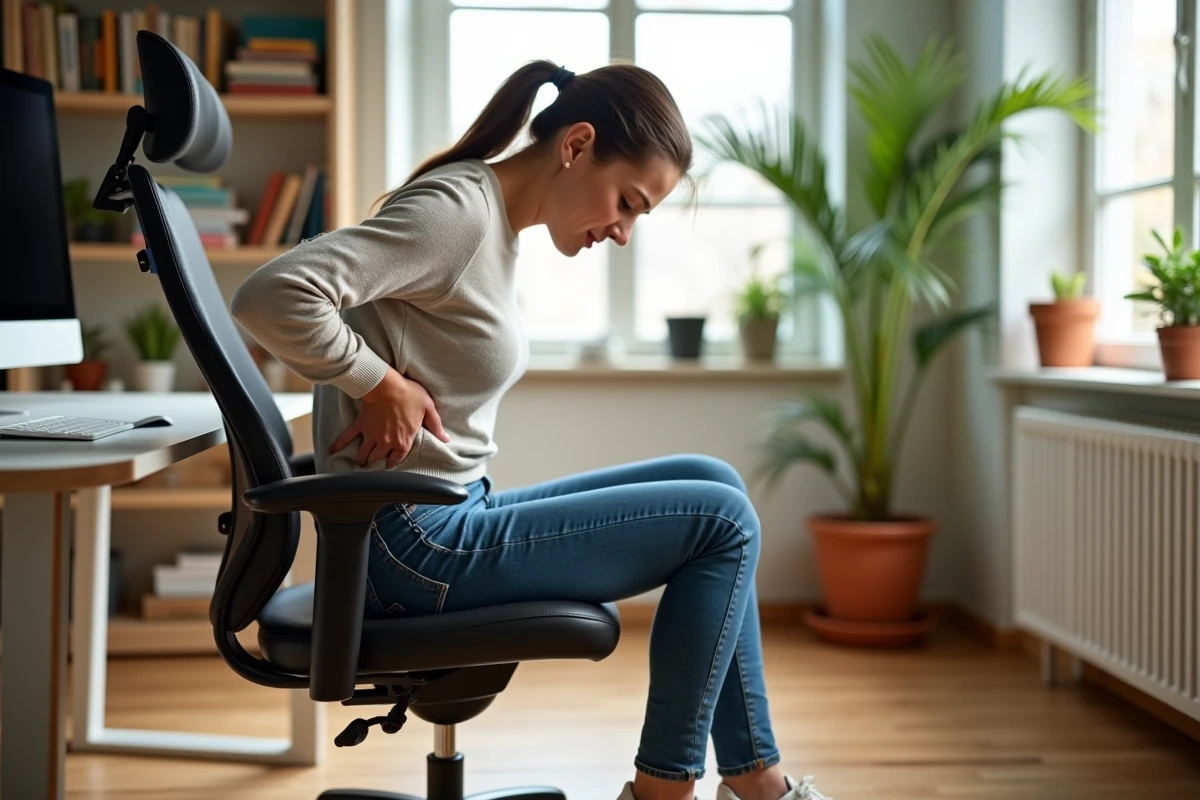 Femme assise au bureau avec mal de dos en home office