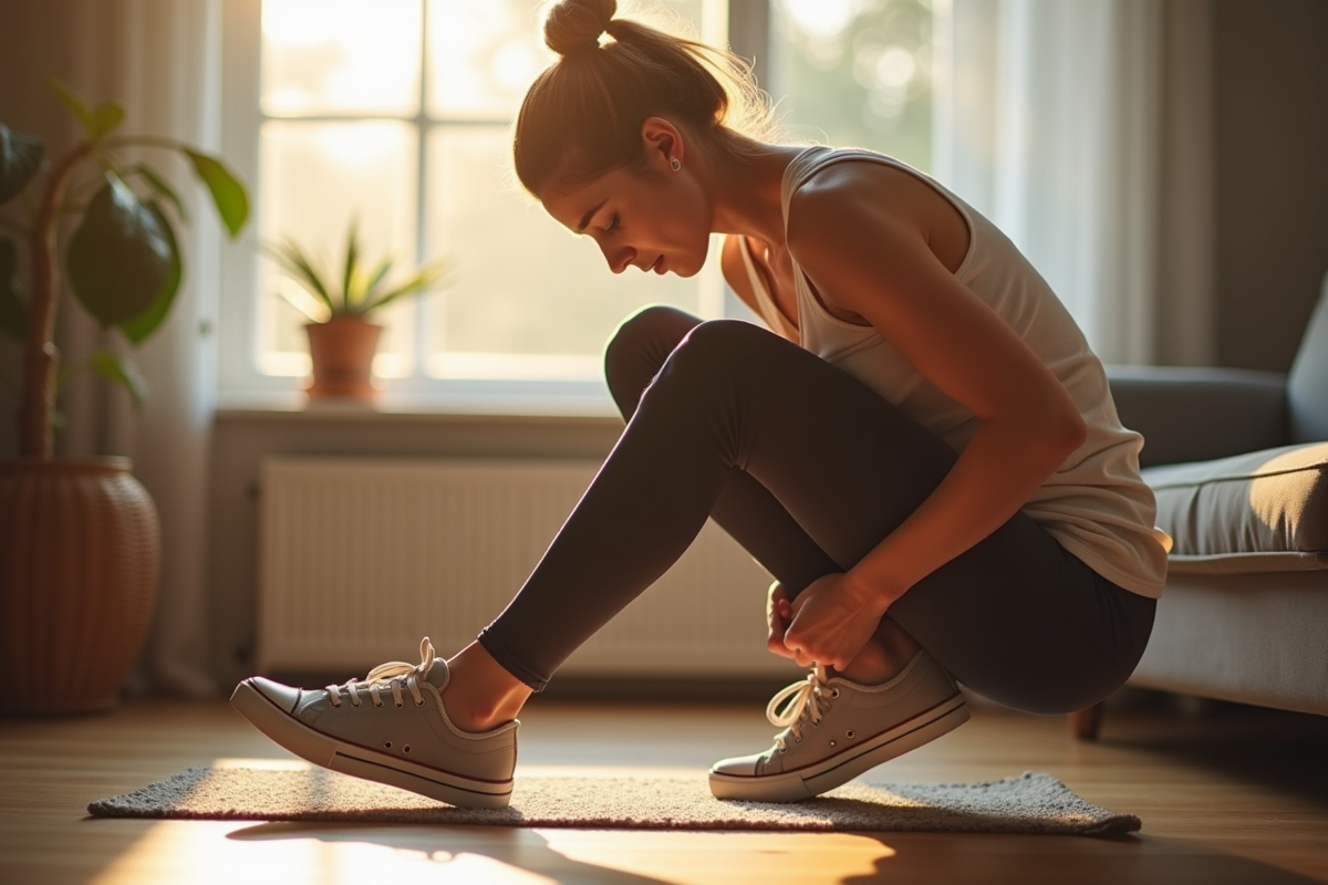 Femme attachant ses baskets confortables au matin à la maison