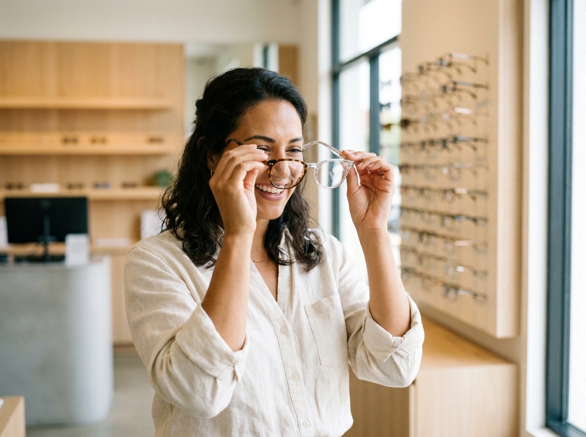 Femme comparant deux paires de lunettes dans une boutique d'optique moderne
