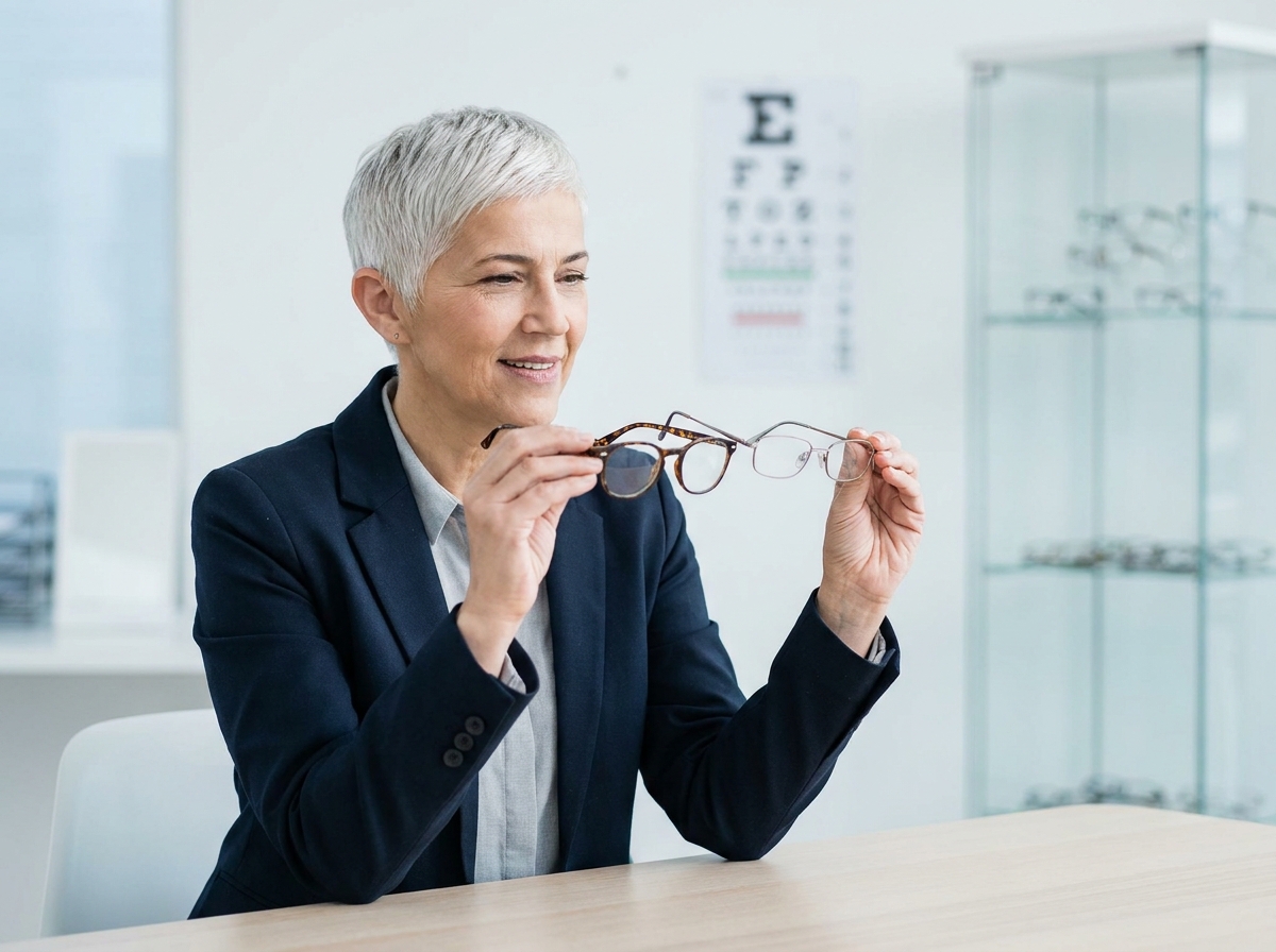 Femme d'âge mûr comparant deux montures de lunettes chez un opticien, pour illustrer le choix de correction optique en cas de fatigue visuelle