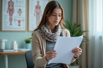 Femme en consultation gynecologique avec rapport m&eacute;dical