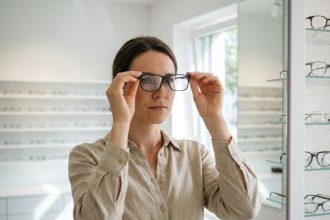 Femme en consultation chez l'opticien tenant une monture de lunettes modernes devant son visage, dans un cabinet optique contemporain