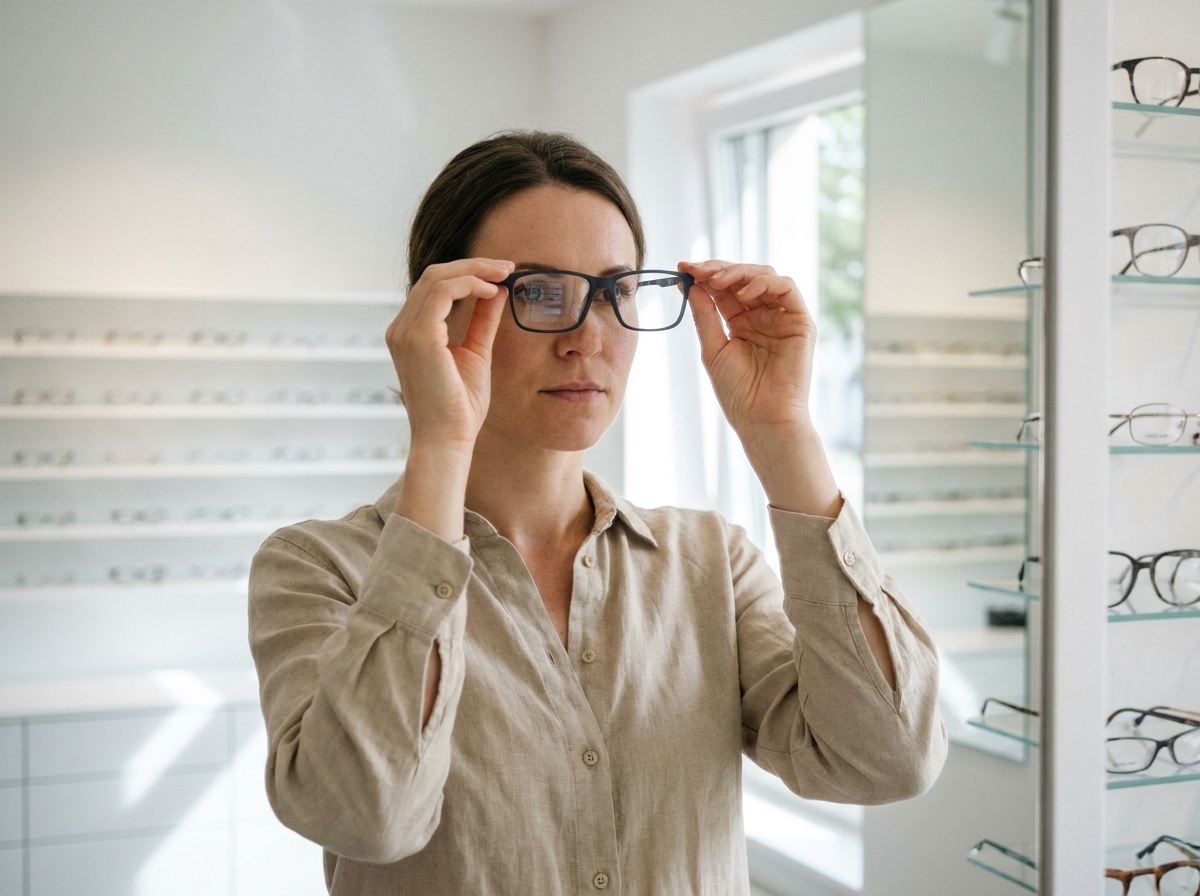 Femme en consultation chez l'opticien tenant une monture de lunettes modernes devant son visage, dans un cabinet optique contemporain