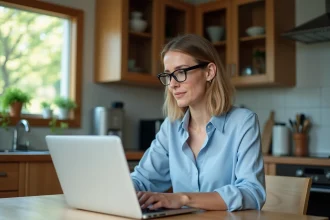 Femme en visioconference dans sa cuisine lumineuse