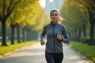 Femme active en jogging dans un parc urbain au matin