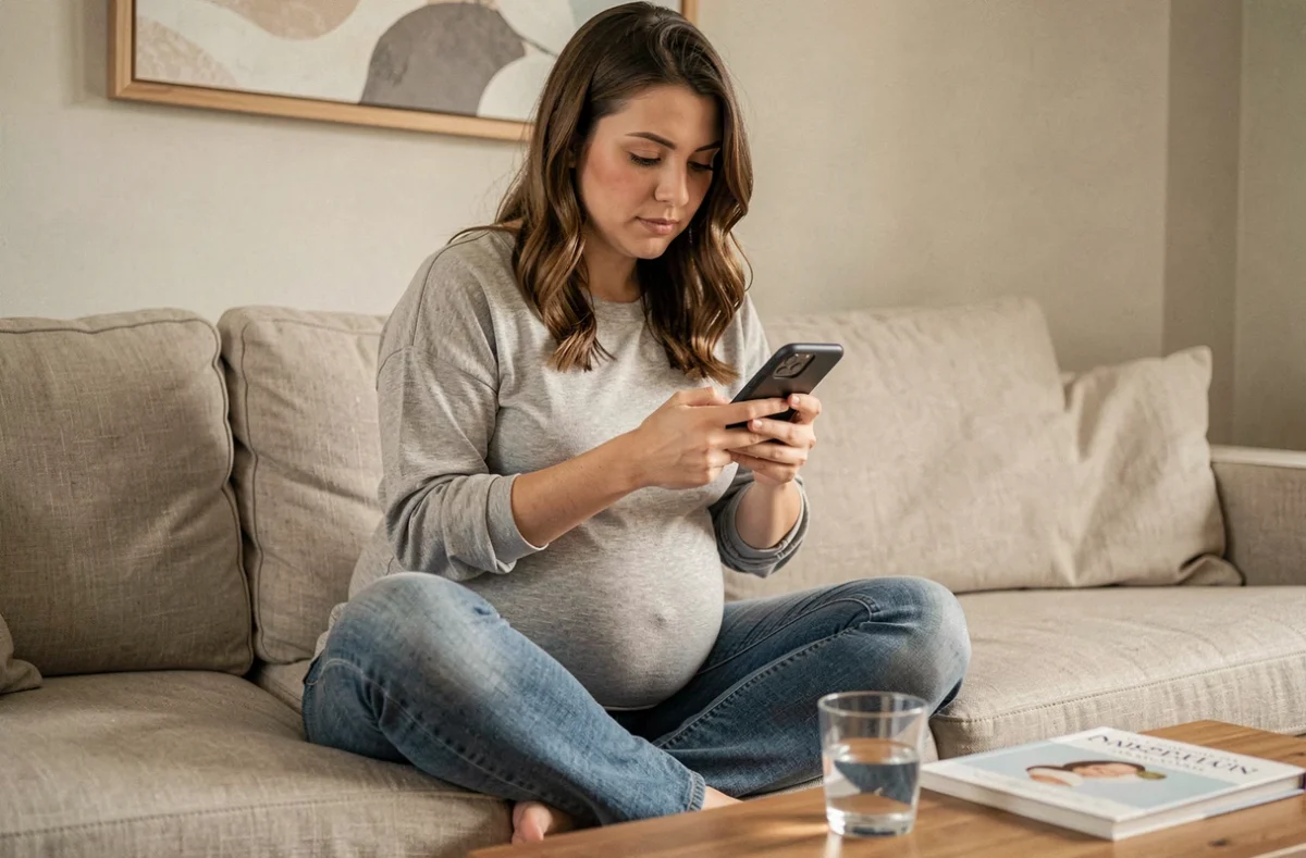 Femme enceinte utilisant une application mobile pour calculer la date du terme sans connaître ses dernières règles