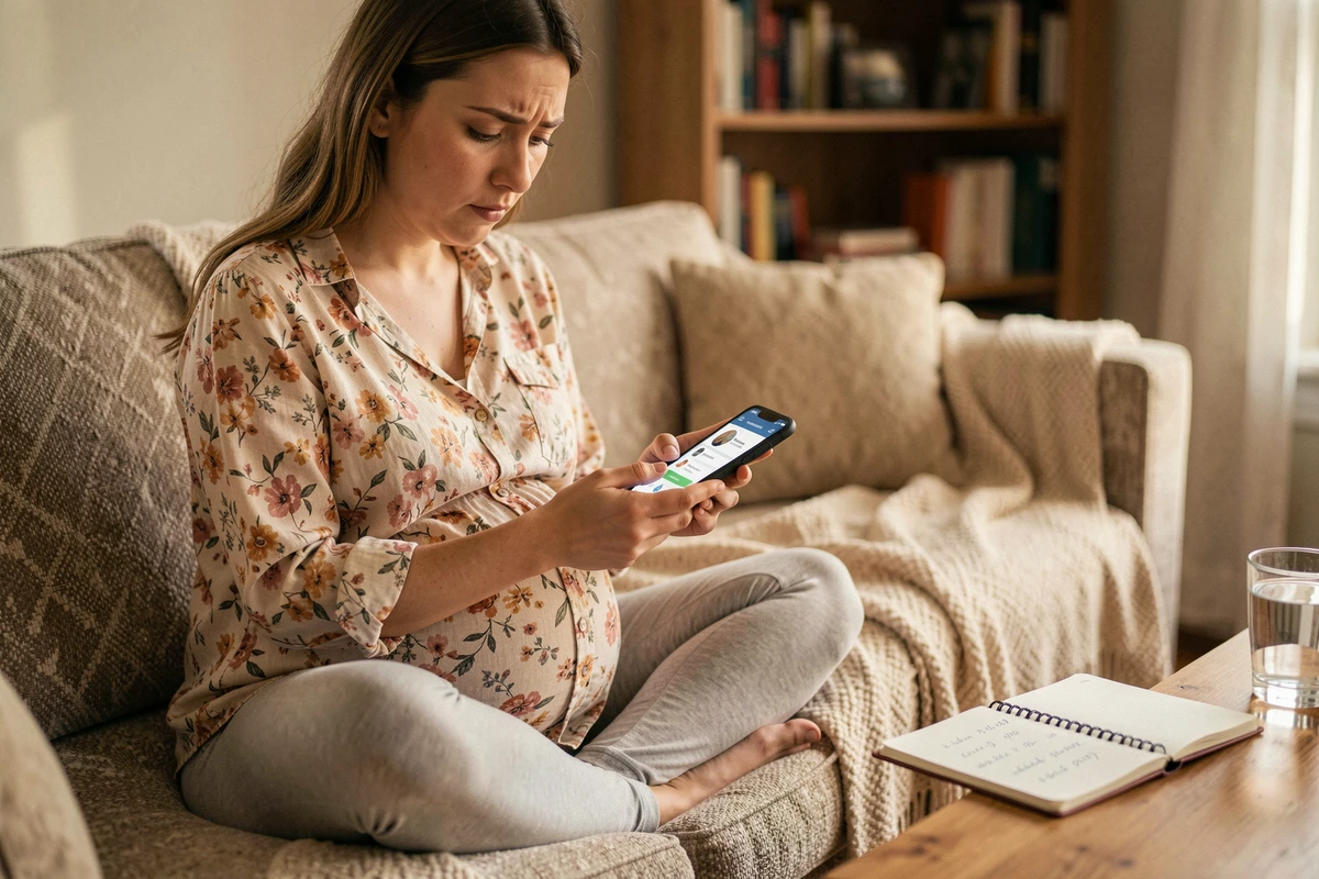 Femme enceinte consultant une application de suivi de grossesse sur smartphone pour calculer sa date de terme
