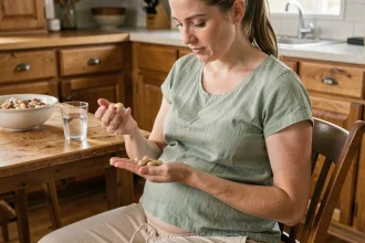 Femme enceinte tenant des cacahuètes dans la main dans une cuisine, réfléchissant à leur consommation pendant la grossesse