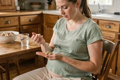 Femme enceinte tenant des cacahuètes dans la main dans une cuisine, réfléchissant à leur consommation pendant la grossesse