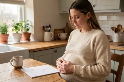 Femme enceinte calculant la date du terme à l'aide d'un calendrier papier dans une cuisine chaleureuse
