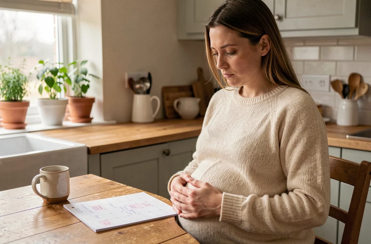 Femme enceinte calculant la date du terme à l'aide d'un calendrier papier dans une cuisine chaleureuse