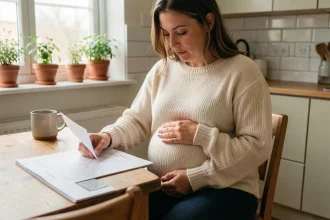 Femme enceinte calculant sa date de terme avec un calendrier de grossesse sur une table en bois