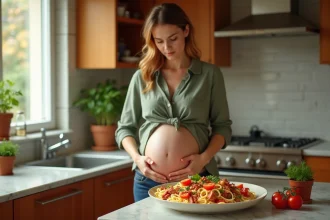 Femme enceinte préparant un plat de pâtes au chorizo cuit dans une cuisine lumineuse et chaleureuse